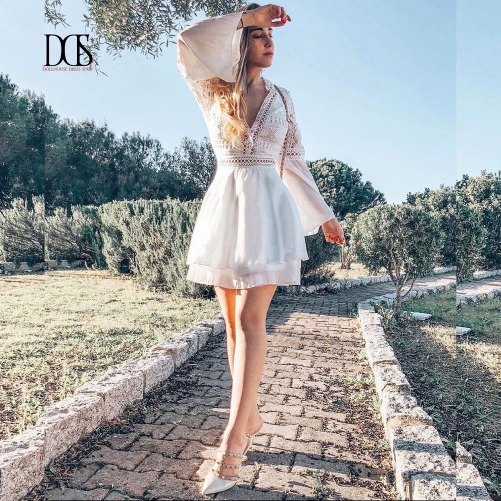 5 ⭐️ Aphrodite - Eyelet Trim Plunge Flare Dress - Picture 5 of 8